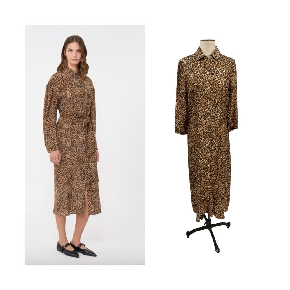 J McLaughlin Leopard Print Silk Blend Shirt Dress Button Front Size Medium